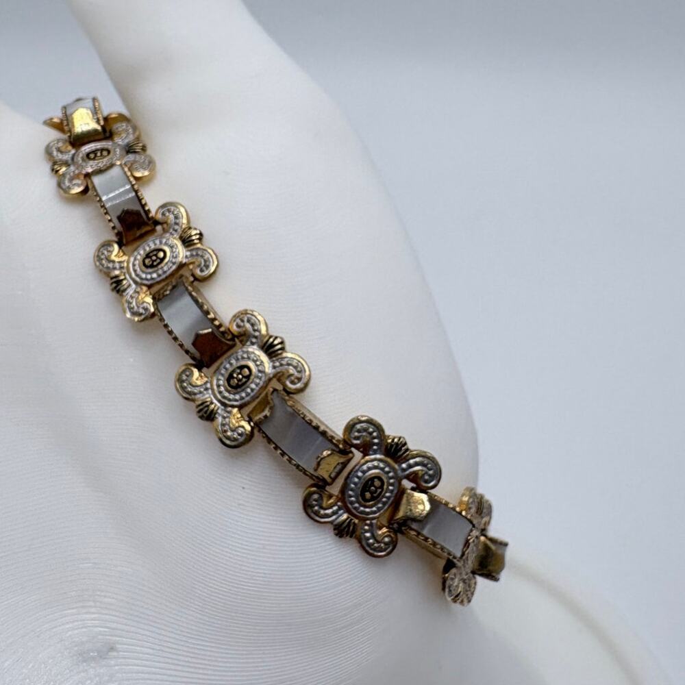 Vintage Damascene and Mother of Pearl Panel Bracelet